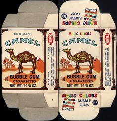 three boxes of camel gum sitting side by side on a black background, each with different labels