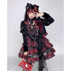 New Original Japanese Harajuku Cool Girl Fashion Red Dress Female Lolita Temperament Slim Sweet Spaghetti Strap Dress Short, Harajuku Goth, Black Lace Shirt, Dress Cake, Puff Long Sleeves, Victorian Women, Gothic Dress, Chiffon Shirt, Dress Set