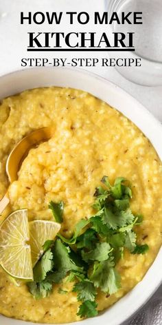 a white bowl filled with rice and cilantro garnished with limes