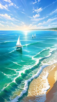 a painting of sailboats in the ocean on a sunny day