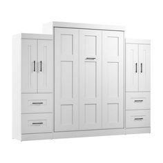 two white closets with doors and drawers next to each other on a white background