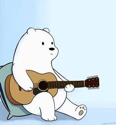 a polar bear playing the guitar while sitting down