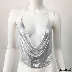 Olivia Mark - Seductive Metallic Sequin Camisole Tank Top with Spaghetti Straps Silver Fitted Sleeveless Halter Top, Silver Sleeveless Halter Top For Summer, Fitted Silver Tank Top For Summer, Silver Stretch Tank Top For Summer, Turtleneck And Tshirt, Light Clothes, Hole Dress, Party Crop Tops, Watering Hole