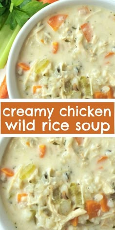 creamy chicken wild rice soup in a bowl with carrots and celery