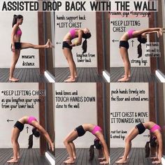 a woman doing yoga poses in front of a wall with instructions on how to do the splits