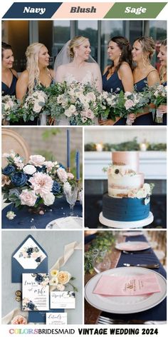 a collage of photos showing different wedding colors and details, including the bride's cake