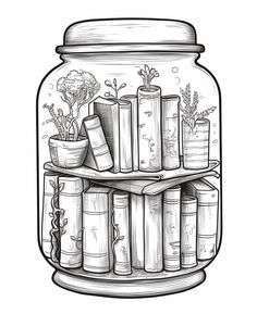 a jar filled with books sitting on top of a shelf