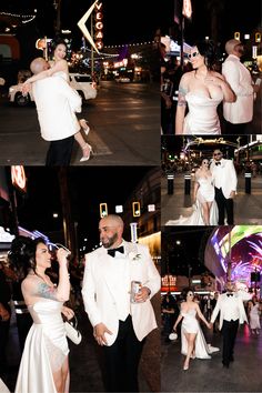 a man and woman dressed in white dance together