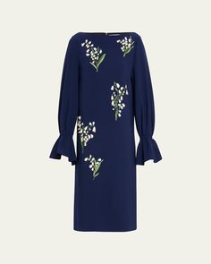 Carolina Herrera shift dress features embroidered floral details throughout and flutter sleeves    Boat neckline    Long sleeves; elastic cuffs     Hem falls above the knee    Concealed back zip     Polyester/polyurethane    Dry clean    Imported Embroidered Formal Dress With Cape Sleeves, Spring Dress With Cape Sleeves And Floral Embroidery, Elegant Embroidered Bell Sleeve Dress, Elegant Floral Print Dress With Bell Sleeves, Elegant Bell Sleeve Embroidered Dresses, Formal Spring Dresses With Embroidered Sleeves, Spring Formal Dress With Embroidered Sleeves, Spring Bell Sleeve Embroidered Dress, Spring Midi Dress With Cape Sleeves