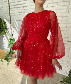 Starry Scarlet Mini Dress | Teuta Matoshi Red Tulle Dress For Red Carpet, Christmas Evening Tulle Dress, Red Tulle Fabric, Blouse Neckline, Teuta Matoshi, Blouse Necklines, Full Circle Skirt, Obi Belt, Full Circle Skirts