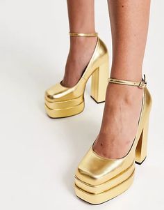 ASOS DESIGN Pistol double platform heeled shoes in gold | ASOS Glamorous Gold Ankle-high Heels, Gold Closed Toe Heels With Heel Loop, Gold Closed Toe Heels With Metal Feet, Gold Chunky Platform Heels With Round Toe, Gold Closed Toe Heels With Padded Heel, Gold Chunky Platform High Heels, Gold High Heel Chunky Platform Heels, Gold Chunky High Heel Platform Shoes, Gold Heels With Chunky Platform And Round Toe