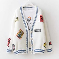 White Long Sleeve Patchwork Cardigan, Trendy White Patchwork Sweater, Cute White Long Sleeve Cardigan, Cute White Winter Cardigan, Embroidered White Cardigan For Winter, White Winter Sweater For School, White Long Sleeve Sweater For School, Cute White Crew Neck Cardigan, Casual White Patchwork Sweater