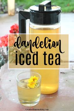 dandelion iced tea in a glass next to a pitcher and cup with the words dandelion iced tea on it