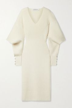 Lanvin Dress, White Knit Dress, Designer Maxi Dress, Royal Outfits, Wool Clothing, Knitwear Dress, Wool Dress, Soft Wool, Balloon Sleeves