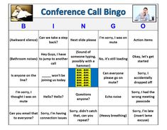 a table with words and pictures on it that say conference call bingo is going