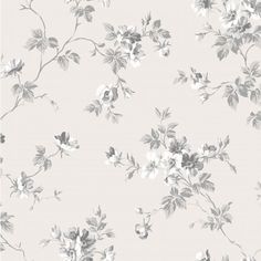 a white and gray floral wallpaper with flowers on it's back drop down