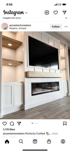 an instagram page with a fireplace and built - in entertainment center on the wall