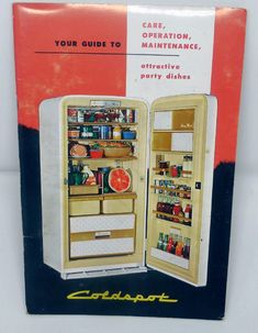 an old advertisement for a refrigerator with the door open to show it's contents