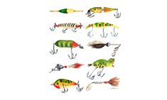 the different types of fishing lures are shown on a white background, including green and red