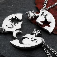 This 3 piece necklace set features a different astronomical body for piece on each necklace. The fine details are engraved, then we hand cut each piece so they all fit together like a puzzle. Then we deeply engrave an initial for you on each piece. We made our Interlocking designs because we wanted to create something that unites people. Either friends or family. Each person gets a piece and every time they look at it, they feel the togetherness and friendship. Feel free to message us directly t Friendship Necklaces For 3 Friends, Astronomy Necklace, Astronomy Jewelry, Family Jewelry, Friendship Necklace, Engraved Initials, Family Jewellery, Friendship Necklaces, Moon And Star