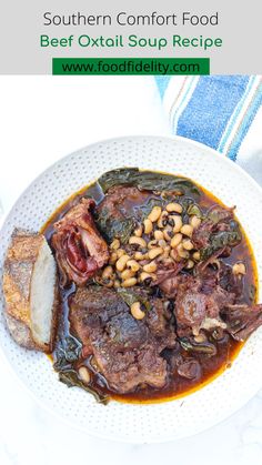 a white plate topped with meat and beans