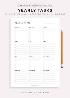 a printable yearly task sheet with a pencil next to it and the text