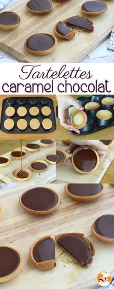 chocolate tartles are arranged on wooden trays and ready to be cut into pieces