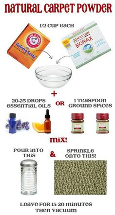 the ingredients needed to make a diy natural carpet powder recipe are shown in this poster