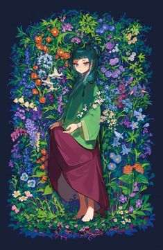 an anime character standing in front of flowers and plants with her hands on her hips