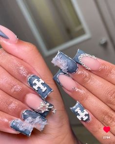 Denim Nails Ideas Short, Bf Gf Nail Ideas, Blue Jean Nails, Denim Nails Acrylic, Denim Nails Ideas, Jean Nails, Jeans Nails, Denim Nails, Nail Designs Bling