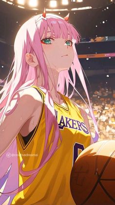 an anime character with pink hair holding a basketball in front of a crowd at a game