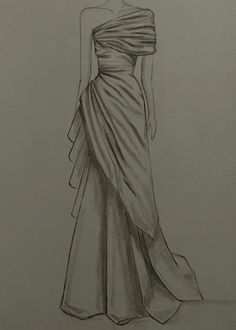 a drawing of a woman in a dress with one shoulder and the other draped over