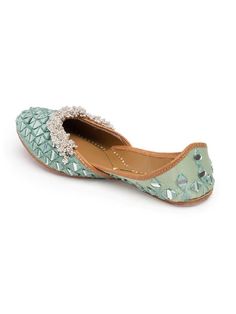 Mint handcrafted juttis with all-over Mirror with embellishment of silver ghungroos. Color: Mint Fabric: Upper: Intricate mirror embroidery Insole - Leather Sole - Vegetable tanned Leather Sole Note: Available in other colors The product will be shipped within 20-25 days of the order placed Any slight irregularities are distinctive and are inherent to the beauty of this creation as it is precisely crafted by hands. Care intructions - Keep in dust bag, dry clean only, embellished accessory needs Shiny Shoes, Vegetable Tanned Leather, Tan Leather, Dust Bag, Mint, Best Deals, Leather, Silver