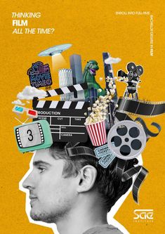 a man's head is filled with movie related items and the words thinking film all the time?