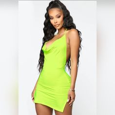 Neon Yellow Mini Dress Neon Party Dress Mini, Green Backless Sundress Mini Dress, Flirty Yellow V-neck Mini Dress, Yellow Backless Dress For Date Night, Green Backless Bodycon Dress For Spring, Green Casual Mini Dress For Club, Green Mini Bodycon Dress For Vacation, Casual Green Mini Dress For Club, Green Mini Dress For Club In Spring