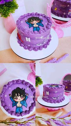 there are two cakes with purple frosting on the top and one has a cartoon character on it