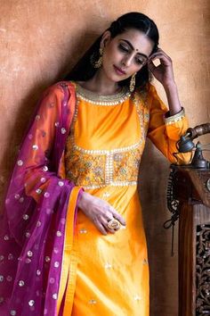 Shop for Kanika Sharma Yellow Silk Kurta Set for Women Online at Aza Fashions Mayun Dress, Contrast Dupatta, Silk Kurta Set, Kurta Set For Women, Silk Kurta, Yellow Silk, Handwoven Fabric, Churidar, Kurta Set