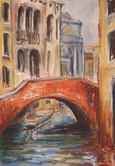 a painting of a bridge over a river in venice, italy with buildings and boats