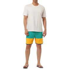 These colorblock board shorts are perfect for adding colors to your summer wardrobe. They're made of lightweight material that's durable yet comfortable for all-day wear. These trendy color block design beach shorts can be paired with different short-sleeved tops for sunbathing, beach games, or surfing. Whether you're lounging in the sun or swimming, or beach volleyball, these color block board shorts are a stylish choice. Casual Summer Shorts With Contrast Color, Summer Vacation Color Block Bottoms, Summer Cotton Shorts With Contrast Color, Cotton Shorts With Contrast Color For Summer, White Bottoms With Contrast Color For Summer, Multicolor Contrast Color Bottoms For Summer, Summer Beachwear Color Block Bottoms, Multicolor Color Block Shorts For Summer, Beach Season Color Block Shorts