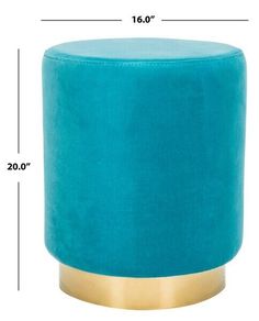 a blue stool with gold trimmings and measurements for the footstool, side view