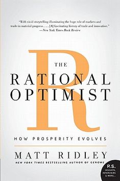 the book cover for the national optimist by matt riddley, with an orange letter