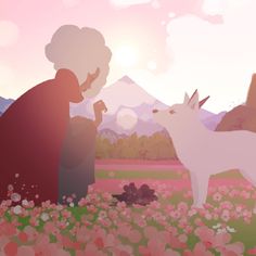 an illustration of a woman feeding a goat in a flowery field with mountains in the background