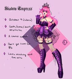 a drawing of a woman with pink hair and purple clothes, wearing thigh high boots