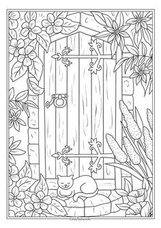 a coloring page with an image of a fence, flowers and cactuses in the background