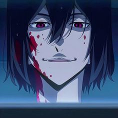 an anime character with red eyes and blood on his face, staring at the camera