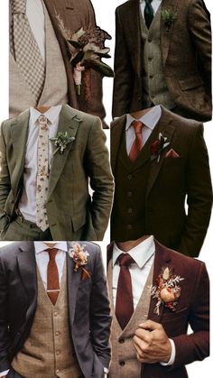 men's vests and jackets are shown in three different styles, including one with flowers on the lapel