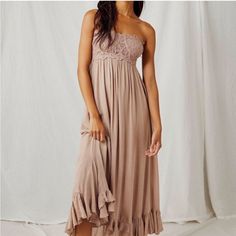 [Free People] Hazelnut Adela Corset Maxi Dress Nwt Full Lining Bohemian Beige Strapless Dress, Beige Maxi Dress With Lace Trim For Brunch, Corset Maxi Dress, Blue Lace Top, Vintage Slip Dress, Purple Maxi Dress, Purple Floral Dress, Free People Maxi Dress, Sheer Lace Top