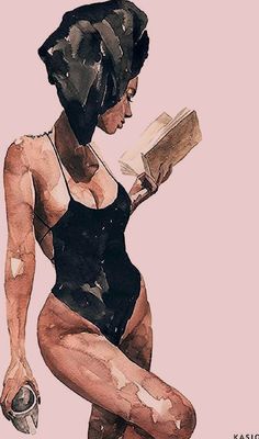 a watercolor painting of a woman in a bathing suit reading a book and holding a teapot