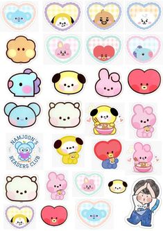 various stickers with different animals and hearts on them, all in pastel colors