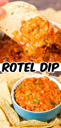 two pictures with the words rotel dip in front of them and an image of tortilla chips